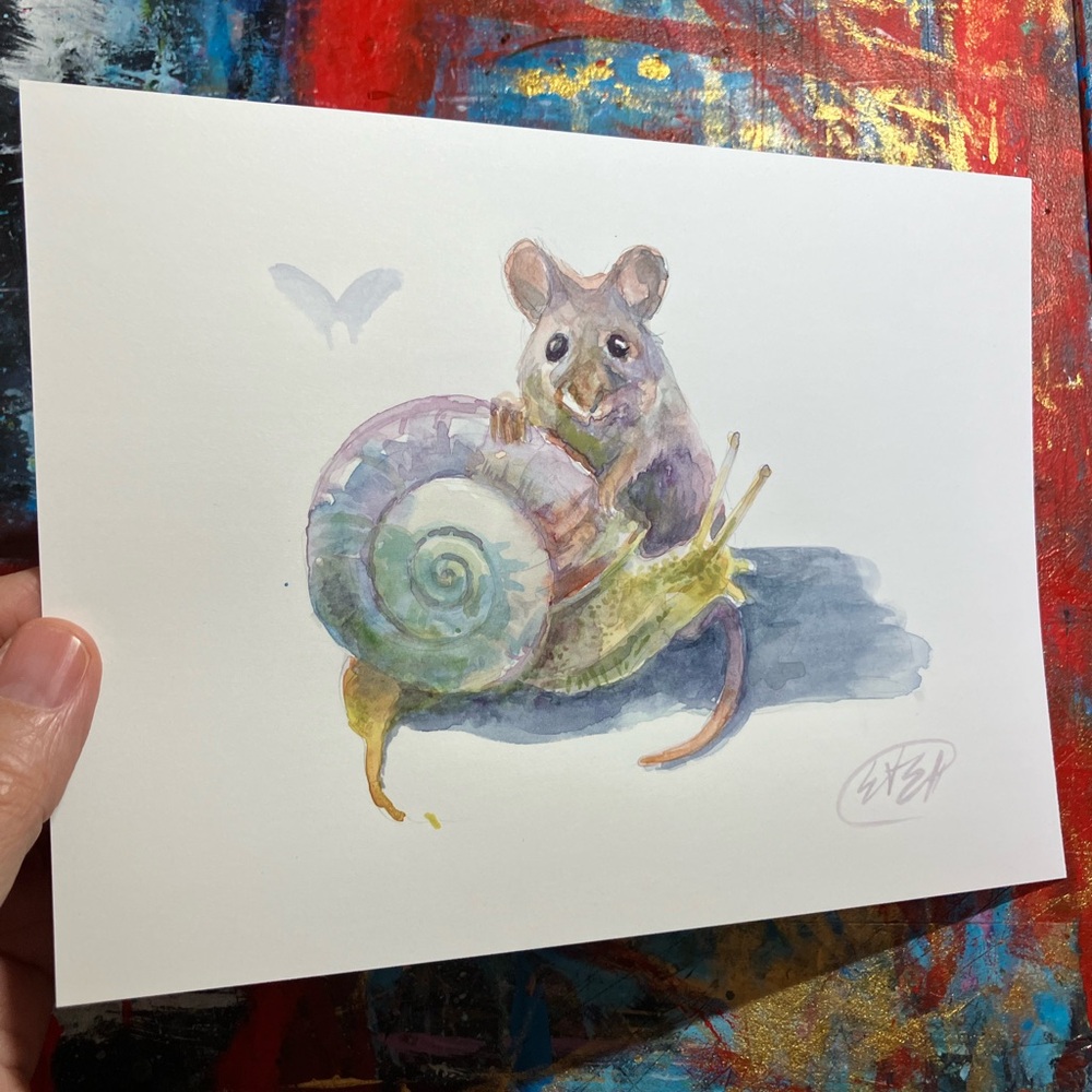 Original Watercolor Painting Mouse Snail Whimsical nature decor Art Artettina US - Picture 3 of 6